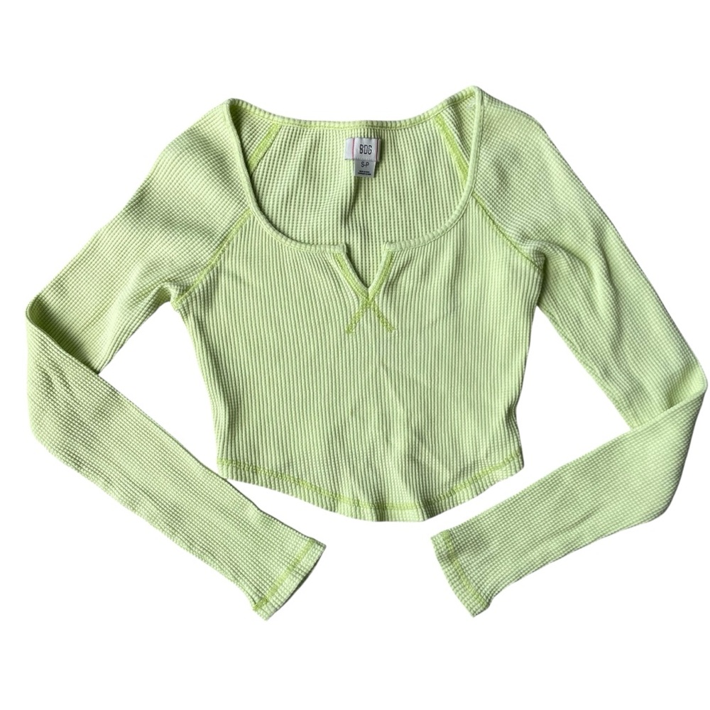 BDG Urban Outfitters Lime Green Ribbed Thermal Crop Long Sleeve Top | Size S